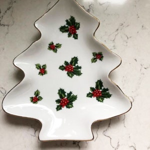 Vintage Lefton China White w/ Gold Trim Holly Berry Christmas Tree Candy/Trinket Dish/Cookie Plate