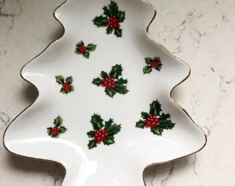 Vintage Lefton China White w/ Gold Trim Holly Berry Christmas Tree Candy/Trinket Dish/Cookie Plate
