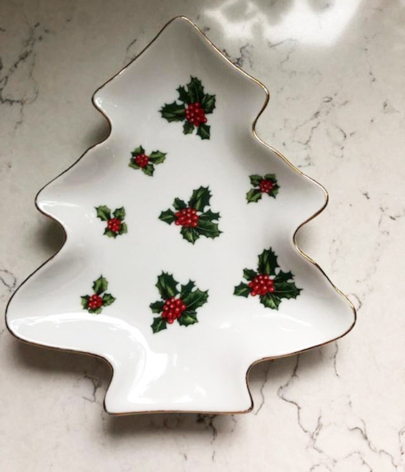 Vintage Lefton China White w/ Gold Trim Holly Berry Christmas Tree Candy/Trinket Dish/Cookie Plate image 1