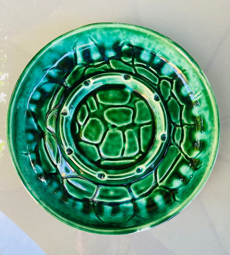 Vintage McCoy Pottery Style Large Green Turtle Texture Ashtray Made in USA image 1