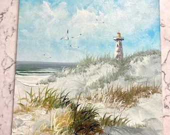 Vintage Beach Lighthouse Oil Painting Signed by Artist, Antique Beach Theme Painting