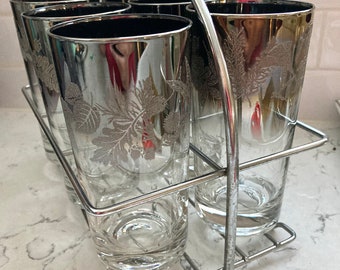 Set of 6 Mid Century Barware, Dorothy Thorpe 6 Highball Glasses and Caddy, Ombre Silver Fade Fused Glass with leaf Design