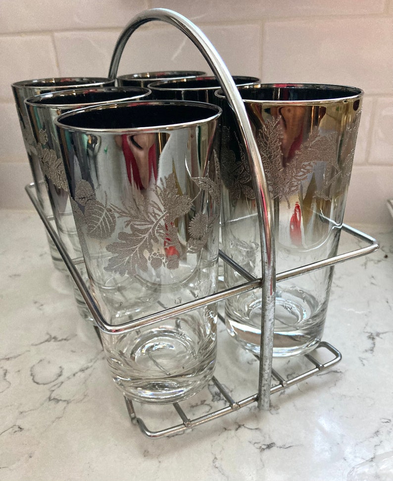 Set of 6 Mid Century Barware, Dorothy Thorpe 6 Highball Glasses and Caddy, Ombre Silver Fade Fused Glass with leaf Design image 1