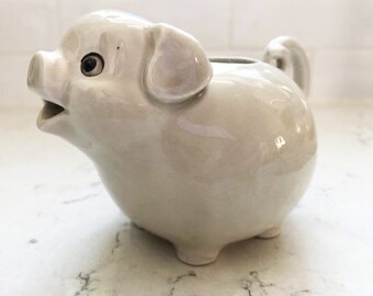 Vintage 1970s Vintage Fitz and Floyd Japan White Ceramic Pig Collectable Creamer with Tail Handle