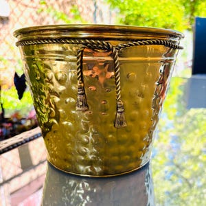 May include: A hammered brass planter with a rope and tassel detail. The planter has a wide rim and a textured surface. The brass has a warm, golden hue, and the rope is a matching color.