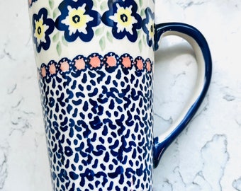 Manufaktura Polestrwcu Polish Pottery Tall Mug 14oz Tall Hand Painted Floral Blue, Pink, Green, Poland Coffee Cup Folk Art