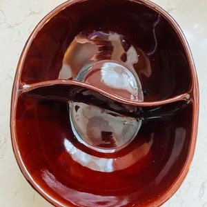 Vintage Marcrest Oven Proof Stoneware Daisy Dot Divided Brown Casserole Dish, Antique Mid Century Stoneware Pottery Casserole Divided Dish