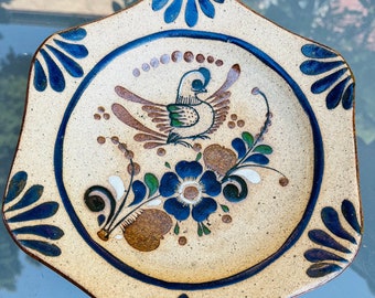 Vintage Blue Bird Mexican Tonala Pottery Plate