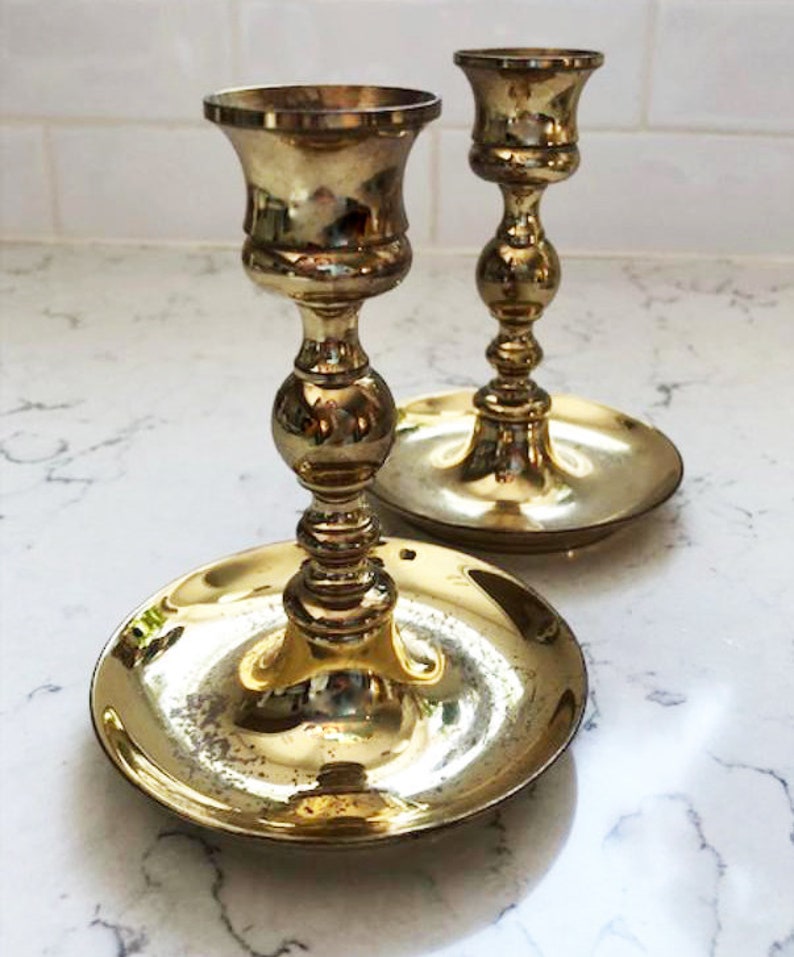 One Pair of Vintage Gold Solid Brass Taper Candle Holder image 1