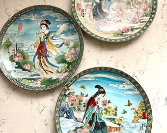 Set of 3 Antique 1991 Imperial Jingdezhen Porcelain Plates - The Lotus Goddess Flower, Lady & Butterflies, and Chrysanthemum Goddess Flower