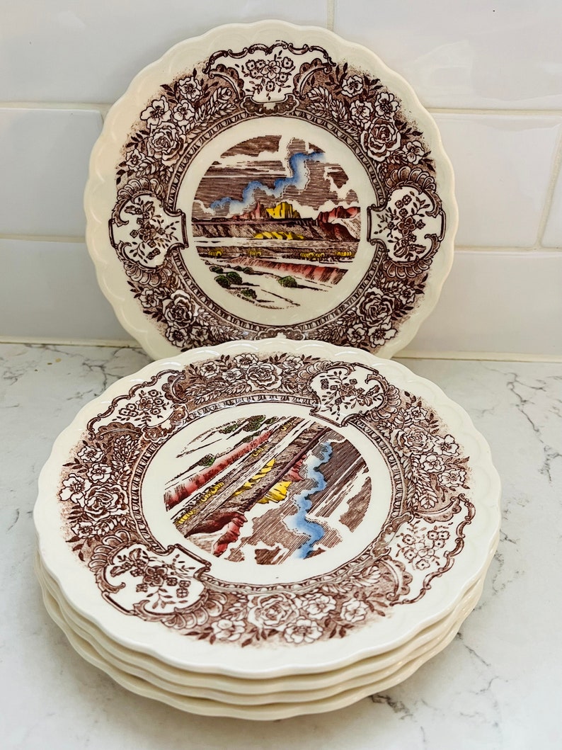 8 Pieces of VERNON'S 1860 Fruit/ Dessert Bowls 7.5 and Salad/Bread Butter Plates Vernon Kilns 1940s Brown Transferware Underglaze image 4