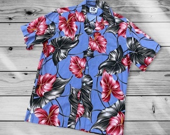 Vintage Hilo Hattie Floral Blue and Red Hawaiian Shirt Made in Hawaii Summer Shirt