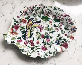 Antique Beautiful Leaf Dish by Edna Mann "Thousand Butterflies" Multi Color Flowers on Porcelain