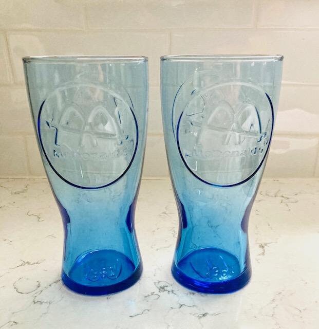 Vintage McDonalds glass cups set of 3, dated 1955 and 1961, 2 blue