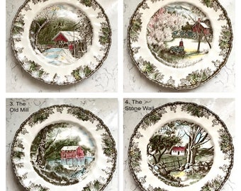 Antique Fine China The Friendly Village Johnson Bros Made in England, Antique The Stone Wall, The Old Mill, The Well, The Covered Bridge