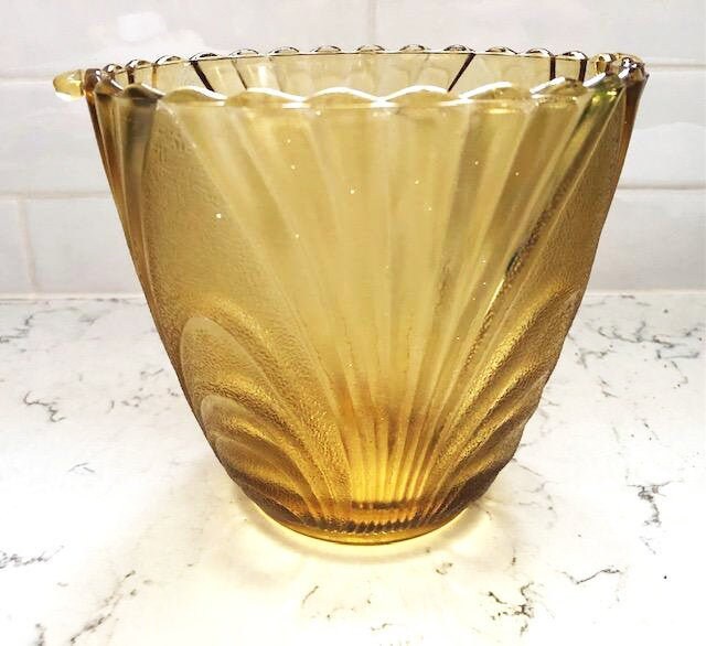 1970s Vintage Concord Brockway Ice Bucket or Planter Amber Wave Sandwich Glass, Antique Yellow Glass Planter Home Decor