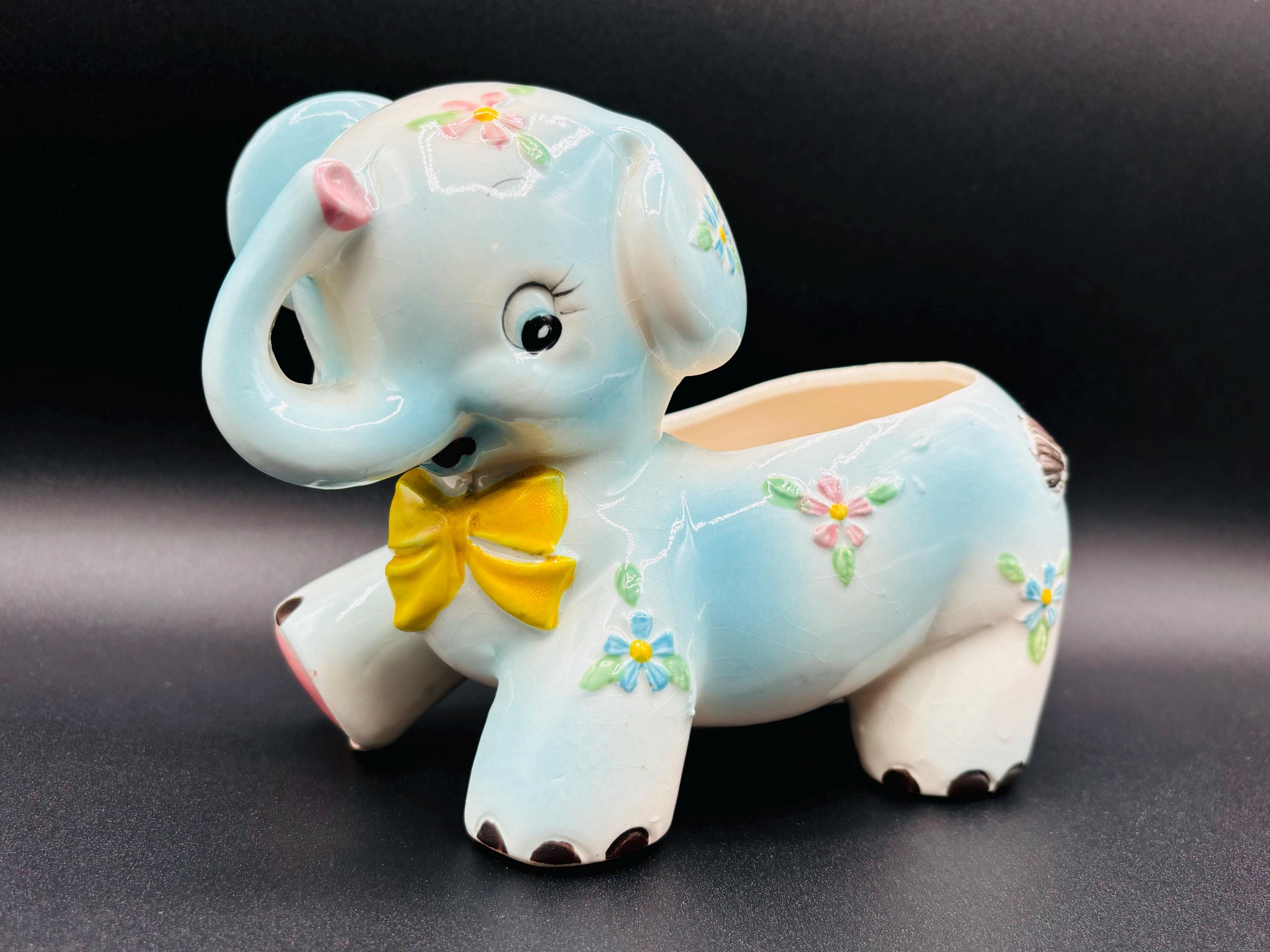 Rare Inarco Made in Japan Floral Blue Kitsh Elephant Planter