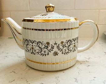 Vintage Circa 1960s Ellgreave Wood and Sons White and Golden Floral Ironstone Teapot Made in England