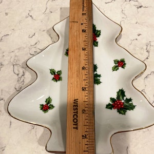 Vintage Lefton China White w/ Gold Trim Holly Berry Christmas Tree Candy/Trinket Dish/Cookie Plate image 8