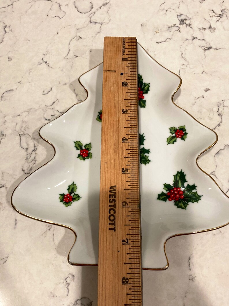 Vintage Lefton China White w/ Gold Trim Holly Berry Christmas Tree Candy/Trinket Dish/Cookie Plate image 8