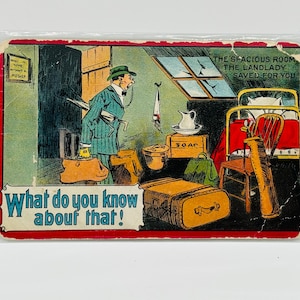 Vintage lege post Card_Moving Humor Card uit de jaren 1920, "Wat weet je daarvan!" "De ruime kamer die de hospita voor je heeft bewaard"