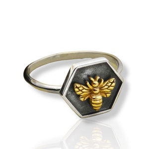 Handmade Silver Hexagon Shadow Box Ring with Bronze Bee Jewelry
