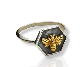 Handmade Silver Hexagon Shadow Box Ring with Bronze Bee