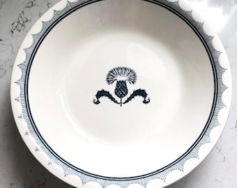 Vintage Large Round Teal on White Royal China Company Scottish Farmhouse Colonial Thistle Serving Bowl RYL330 Made in USA