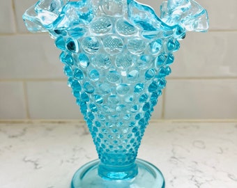 Vintage Blue Fenton Glass Ruffled Hobnail Vase