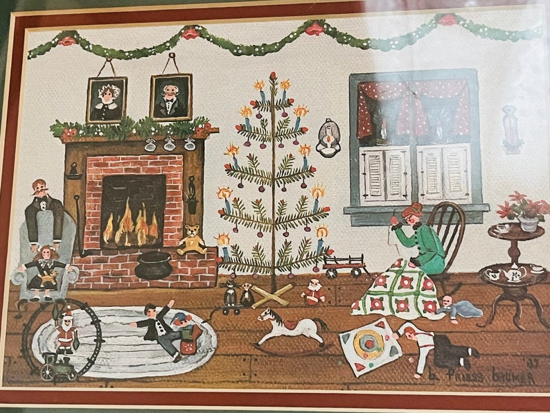Vintage Betty Friess Baumer Primative Folk Art Print Framed Matted Christmas Home Where's The Button image 2
