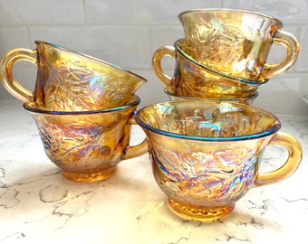 Vintage Indiana Harvest Grape Amber Carnival Iridescent Glass Set of 6 Punch Cups