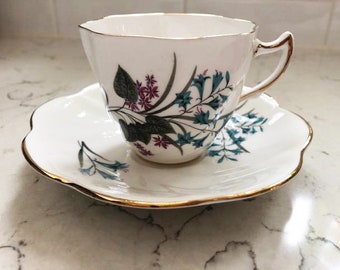Vintage Crown Mark Bone China Purple Blue floral Cup and Saucer made in England, Vintage Tea Cup and Saucer Gold Rim, Bouquet of Blossoms