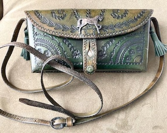 Vintage Tooled Green Leather Crossbody Purse with Silver Horse and Silver Components