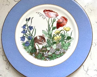 Antique Royal Albert Bone Fine China Garden Mouse & Floral Design Blue White Lunch Plate, Vintage Garden Fine China Collectable lunch