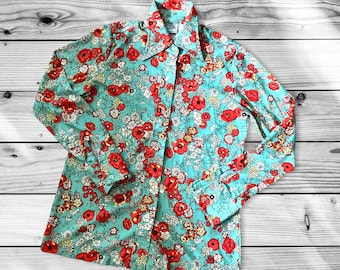 Mid Century 70s Button Up Red Floral Teal Disco Blouse by Sears Perma Prest