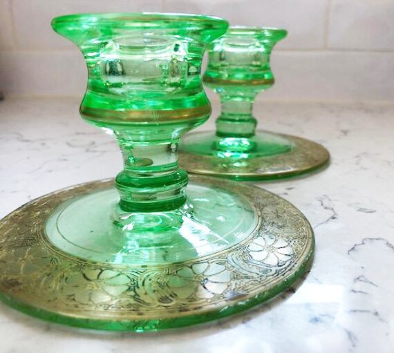Vintage One Set Green Depression Glass Candlestick Holder Etsy