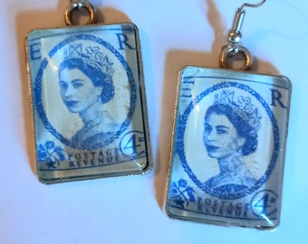 Queen Elizabeth II Blue GB Postage Stamp Earrings - Unique Vintage Mum Sister Best Friend Gift Jewellery Retro Rigg House Co Scotland