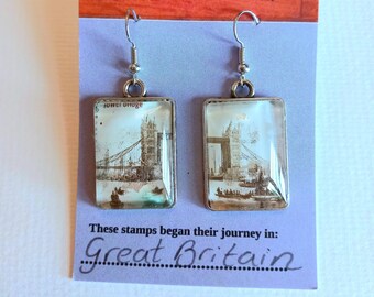 Tower Bridge London GB Postage Stamp Earrings - Unique Vintage Mum Sister Best Friend Gift Jewellery Retro Rigg House Co Scotland