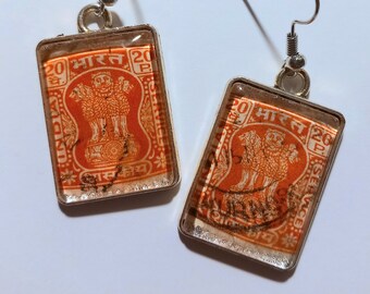 India Postage Stamp Earrings - Vintage Unusual Unique Jewellery Jewelry Mum Sister Aunt Friend Gift Retro Gift Orange Rigg House Co Scotland
