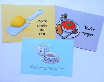 Set of 6 Food Pun postcards - 3 different designs size A5 Thank you Best Friend Teacher