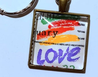 Love rainbow USA Postage Stamp keyring - 27mm square pendant - Mum Sister Granny Best Friend Gift made in Scotland Rigg House Co
