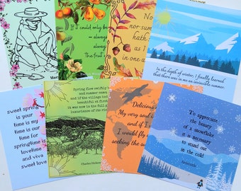 Set of 8 Season themed postcards - 8 different designs literary quotes Margaret Atwood Charles Dickens John Donne e e cummings Square 6 x 6"