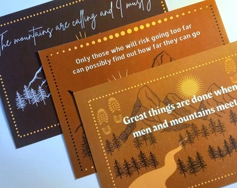 Set of 3 Adventure quote inspirational postcards - 3 different designs Size A5 John Muir T S Eliot William Blake Walking Mountains
