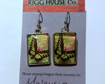 Butterflies Malaysia Postage Stamp Earrings - Unique Vintage Mum Sister Best Friend Gift Jewellery Retro Rigg House Co Scotland