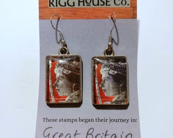 Queen Elizabeth II red GB Postage Stamp Earrings - Unique Vintage Mum Sister Best Friend Gift Jewellery Retro Rigg House Co Scotland