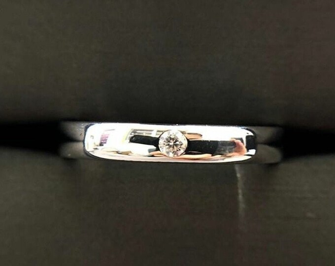 Smooth Plain Band Shiny Thin Ring 14K White Gold Band Proposal Ring Simple Band With One Diamond Minimal Stackable Ring Dainty Band