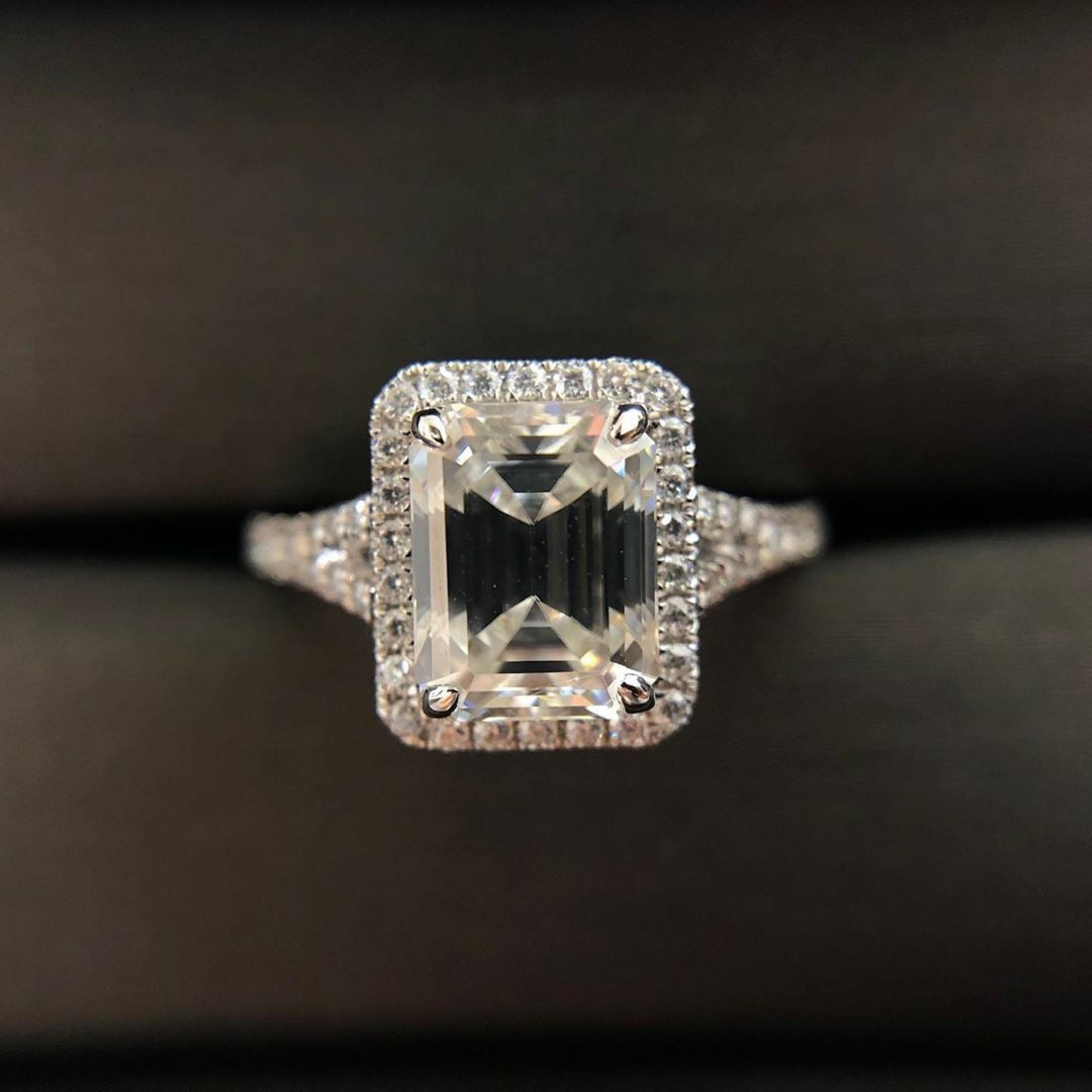Emerald Cut Moissanite Ring Halo Engagement Ring Split Shank Etsy