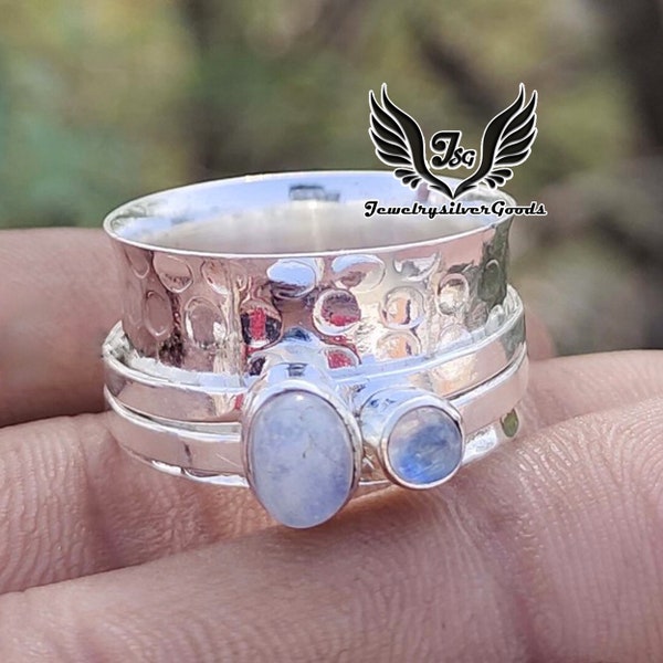 Double  Moonstone Ring, 925 Sterling Silver, Spinner Silver Ring, Handmade Ring, Meditation Ring, Ring,  For Women, Wedding Silver Gift Ring