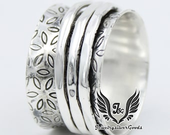 Flower Spinner Ring, 925 Sterling Silver, Flower Design Ring, Silver Anxiety Ring, Boho Ring, Worry Ring, Gift For Her, Handmade Jewelry
