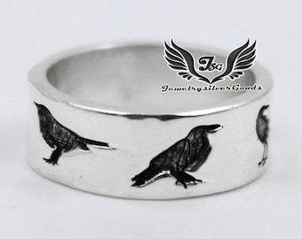 Crow Band Ring, 925 Sterling Silver, Statement Ring, Flying crow Ring, Raven Ring, Bird Wedding Ring, Gift For Her, Handmade Jewelry